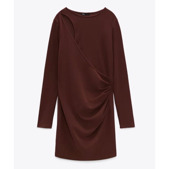 ZARA • Brown Keyhole Cutout Long Sleeve Bodycon Mini Dress - Picture 2 of 16